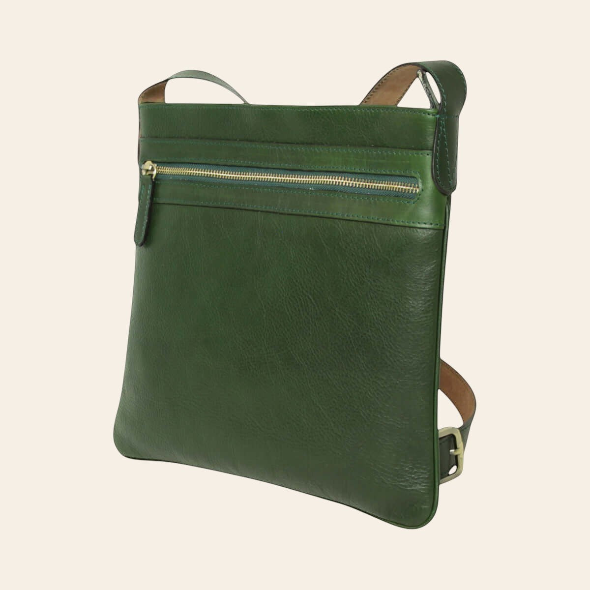 Borsa a tracolla grande in pelle verde con zip superiore e tracolla regolabile
