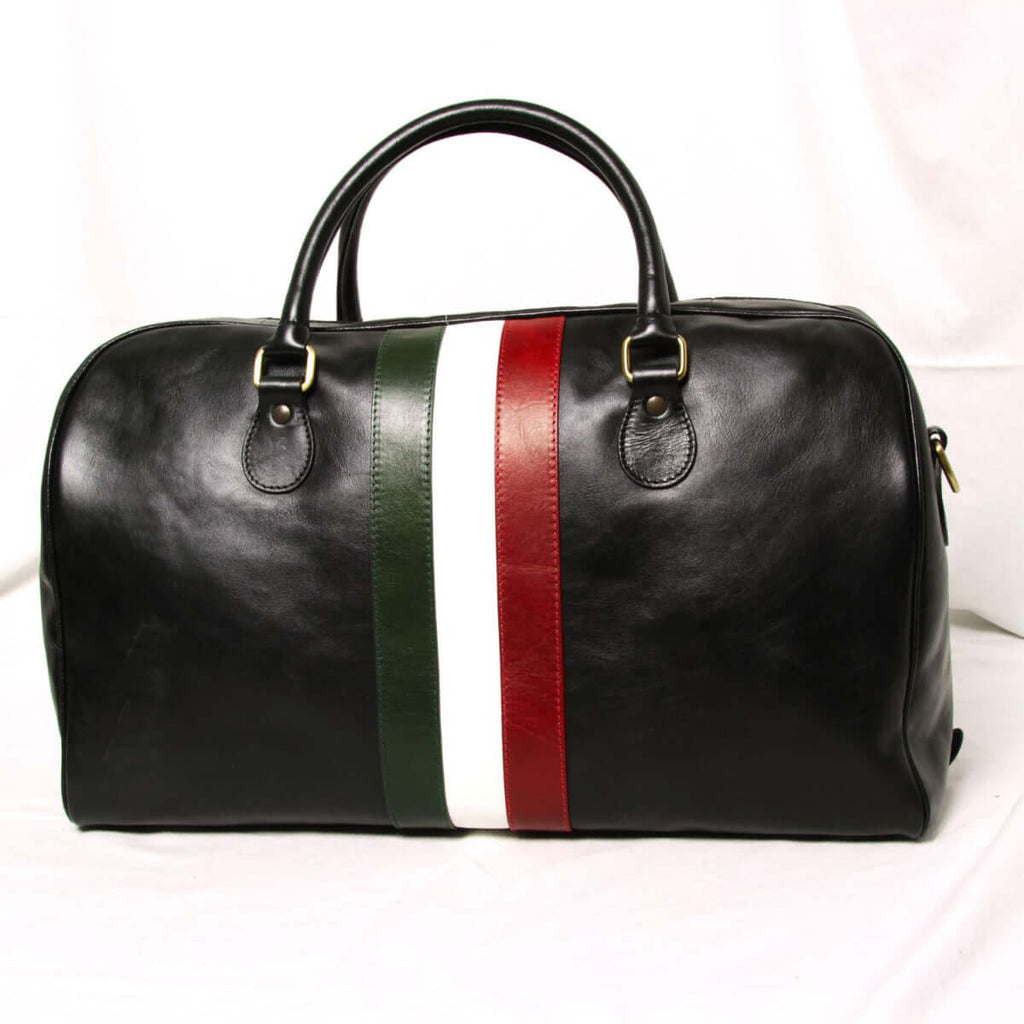 Borsa viaggio pelle pieno fiore - nero con striscia bandiera Italia, ideale per viaggi e stile.