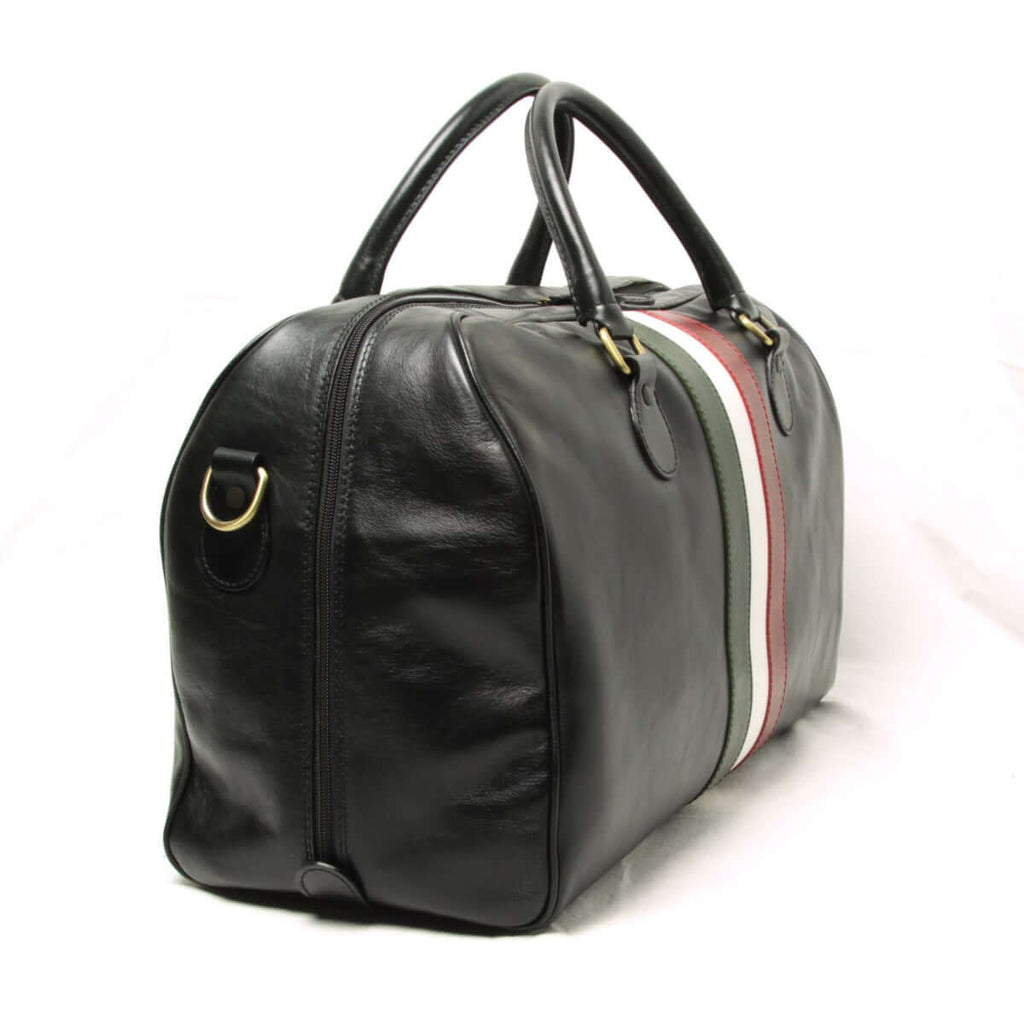 Borsa viaggio pelle pieno fiore nera con bandiera Italia, misura 50x30x22 cm, scomparto ampio.