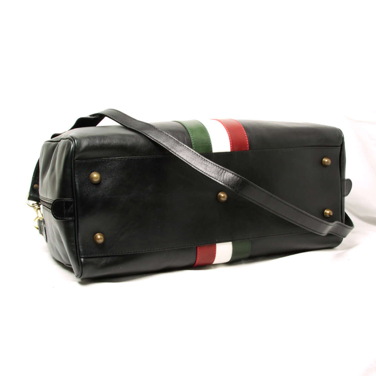 Borsa viaggio pelle pieno fiore nera con bandiera Italia e tracolla, misure 50x30x22 cm.