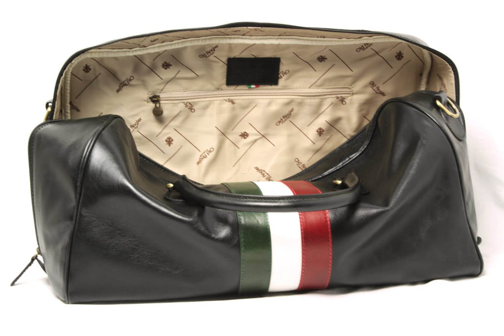 Borsa viaggio pelle pieno fiore nera con interno chiaro e dettagli tricolore, ampia capienza.
