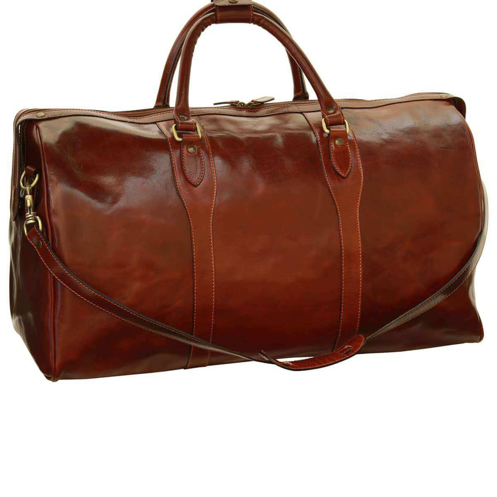 Borsa da viaggio pelle marrone in pelle pieno fiore, ideale per il weekend, con tracolla in pelle staccabile.