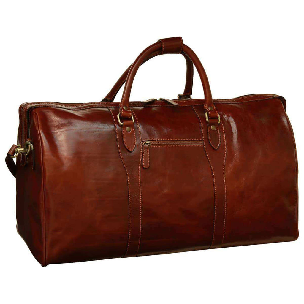 Borsa da viaggio pelle marrone in pelle pieno fiore, capiente e con tracolla staccabile.