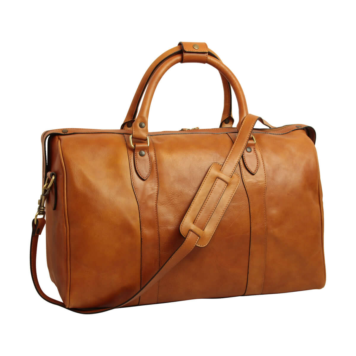 Borsa viaggio uomo pelle marrone coloniale in pelle pieno fiore con tracolla staccabile.