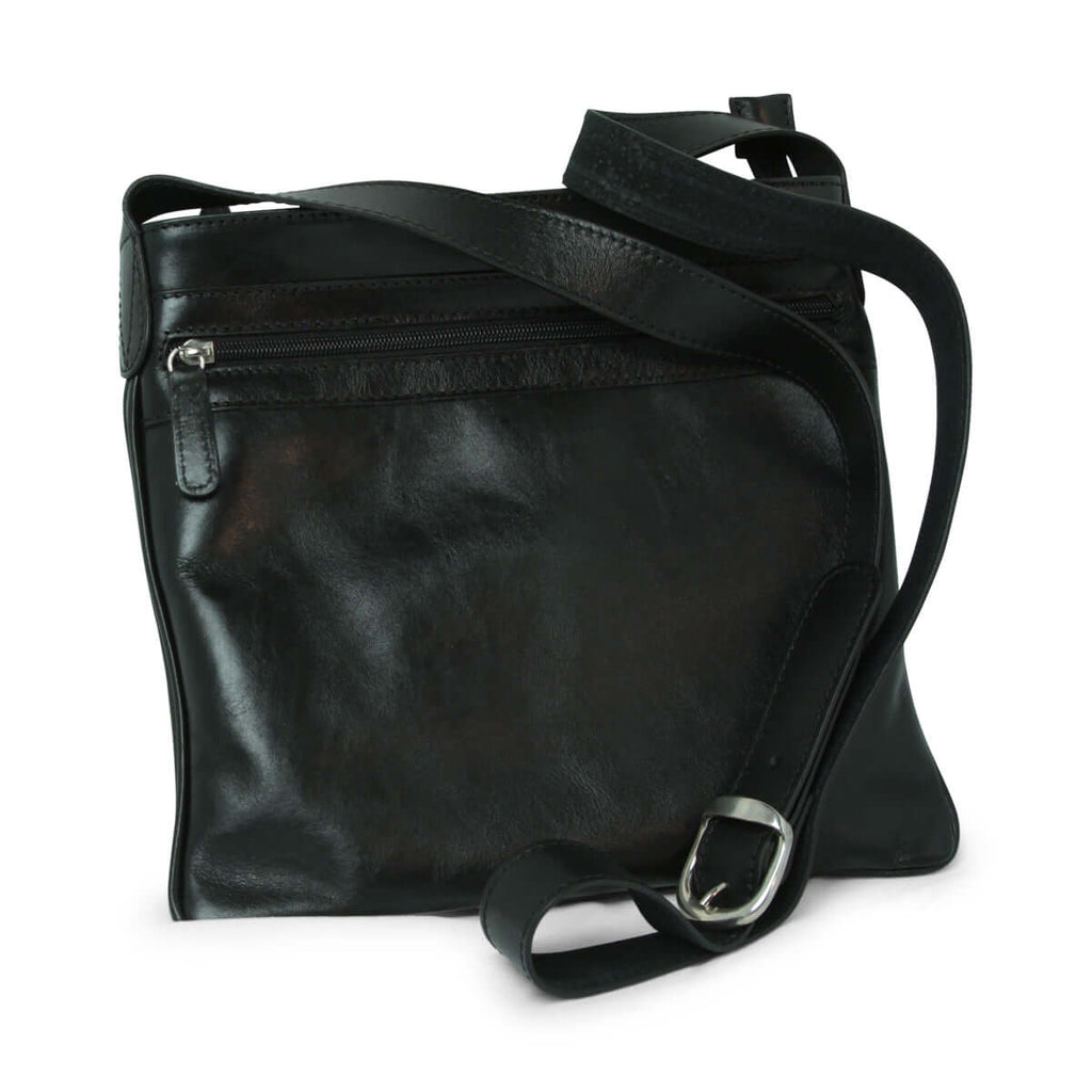 Borsa pelle tracolla nera in 100% pelle di vitello con tasche e tracolla regolabile.