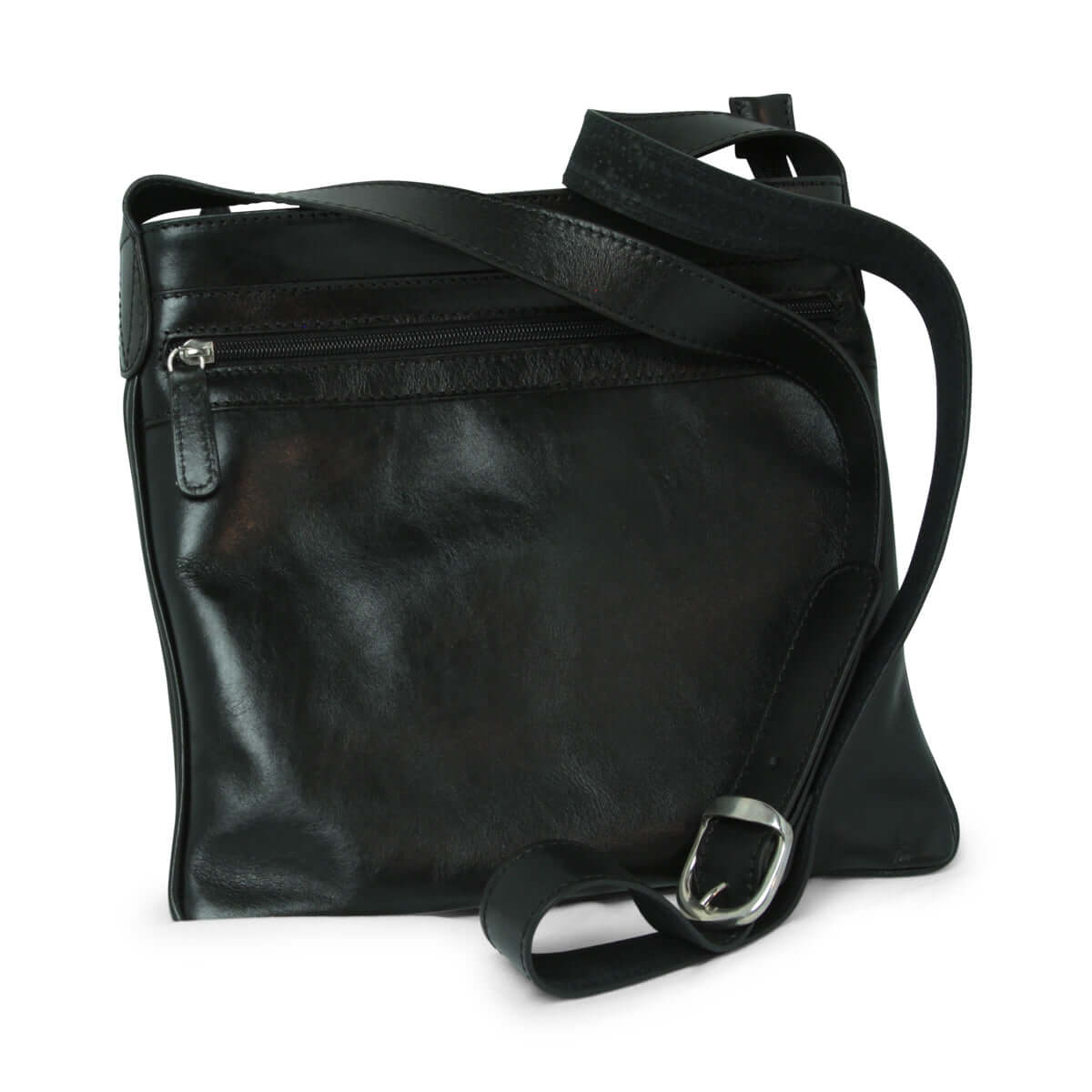 Borsa pelle tracolla nera in 100% pelle di vitello con tasche e tracolla regolabile.