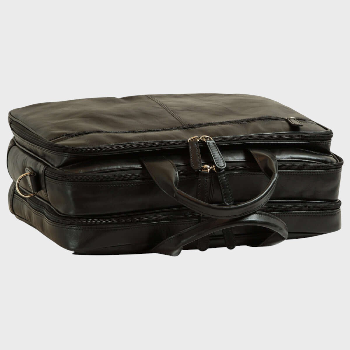 Borsa da laptop in pelle nera con maniglie e tracolla, lato con zip e angoli rinforzati
