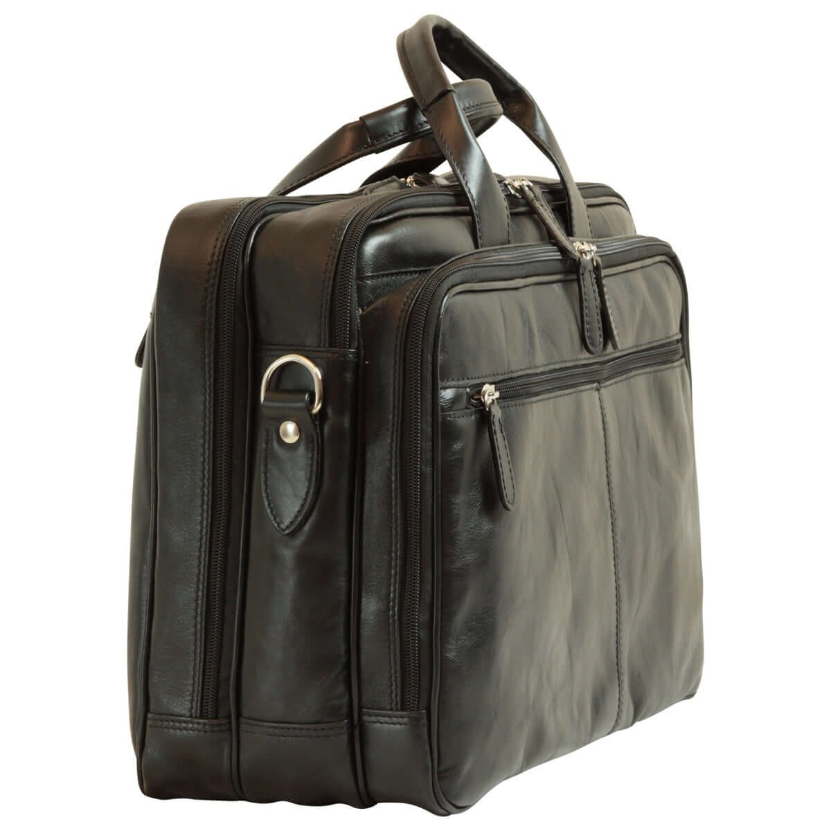 Borsa laptop in pelle scura con zip, tasca frontale e manici doppi
