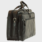 Borsa da laptop in pelle nera con tasca frontale con pattina e fibbia metallica, maniglie