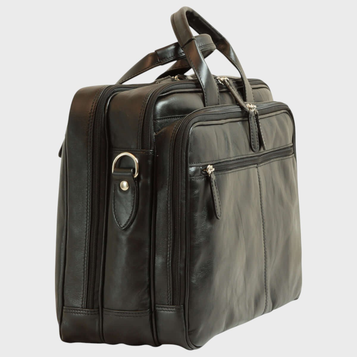 Borsa da laptop in pelle nera con tasca frontale con pattina e fibbia metallica, maniglie