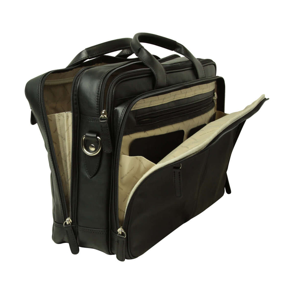 Borsa laptop in pelle scura aperta con zip, divisori interni e passanti laterali