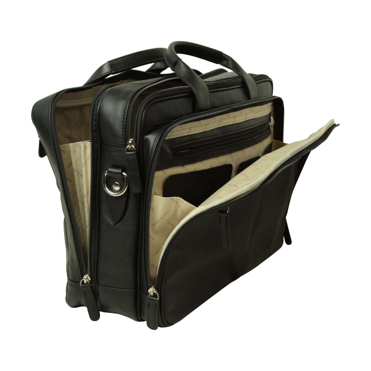 Borsa laptop in pelle scura aperta con zip, divisori interni e passanti laterali