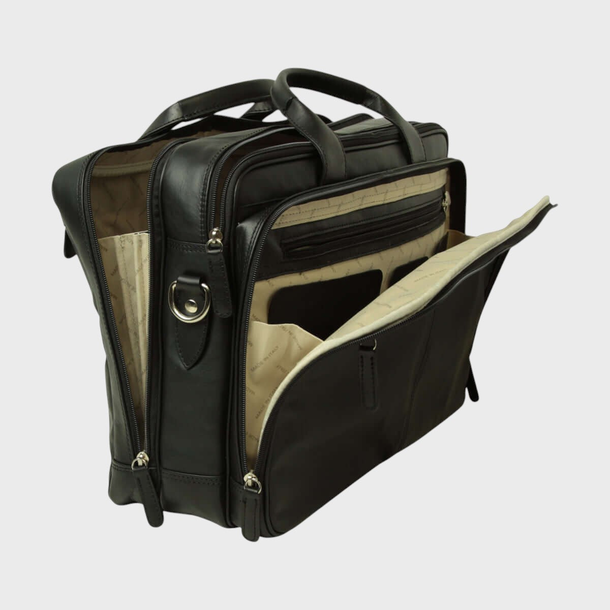 Borsa da laptop in pelle nera con scomparti interni visibili, zip e tracolla regolabile