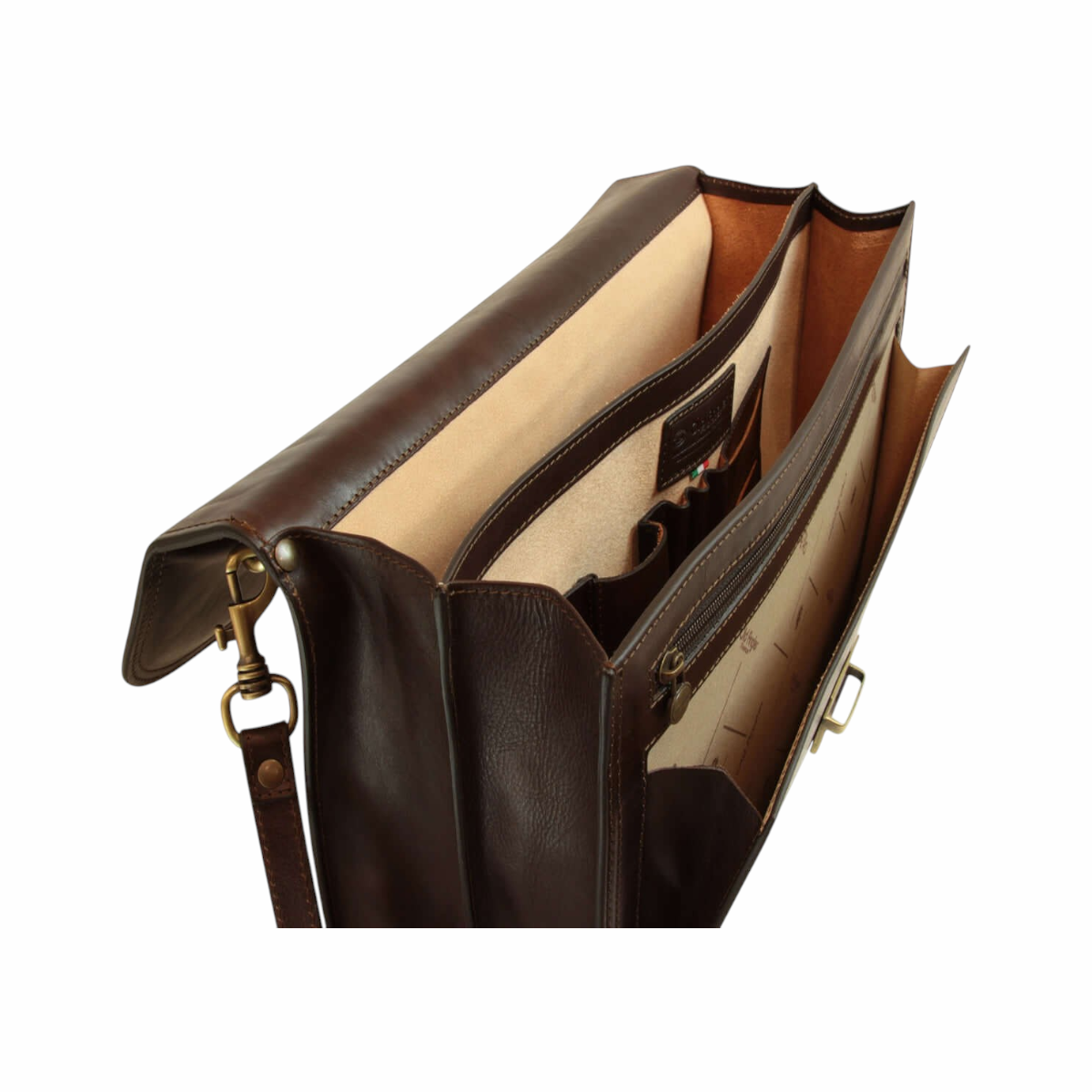 Borsa in pelle marrone scuro aperta, interni chiari e tasche