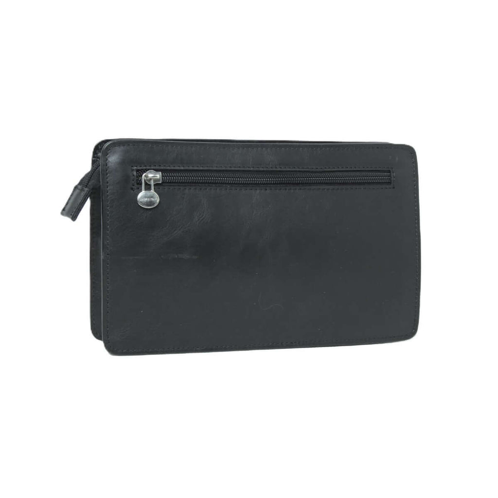 Borsello in pelle nero con tasca posteriore a zip, tracolla