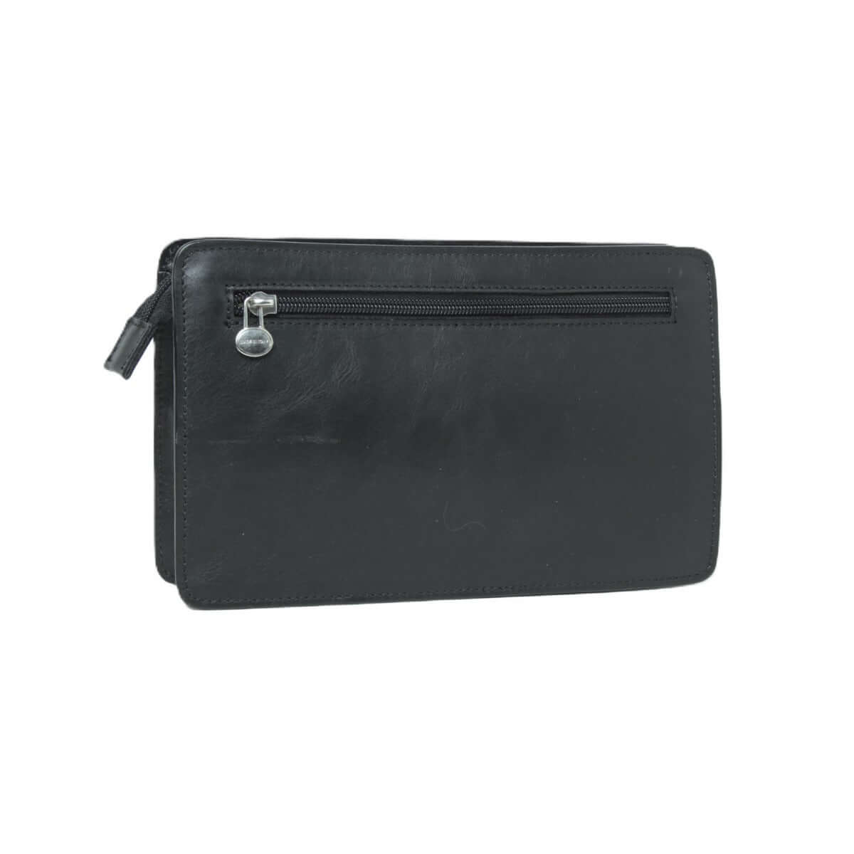 Borsello in pelle nero con tasca posteriore a zip, tracolla