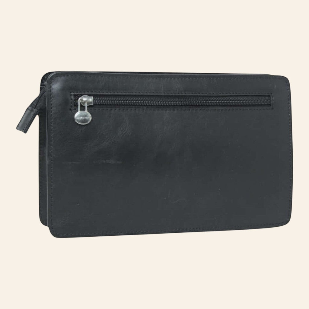 Borsello in pelle nero con tasca posteriore a zip, tracolla