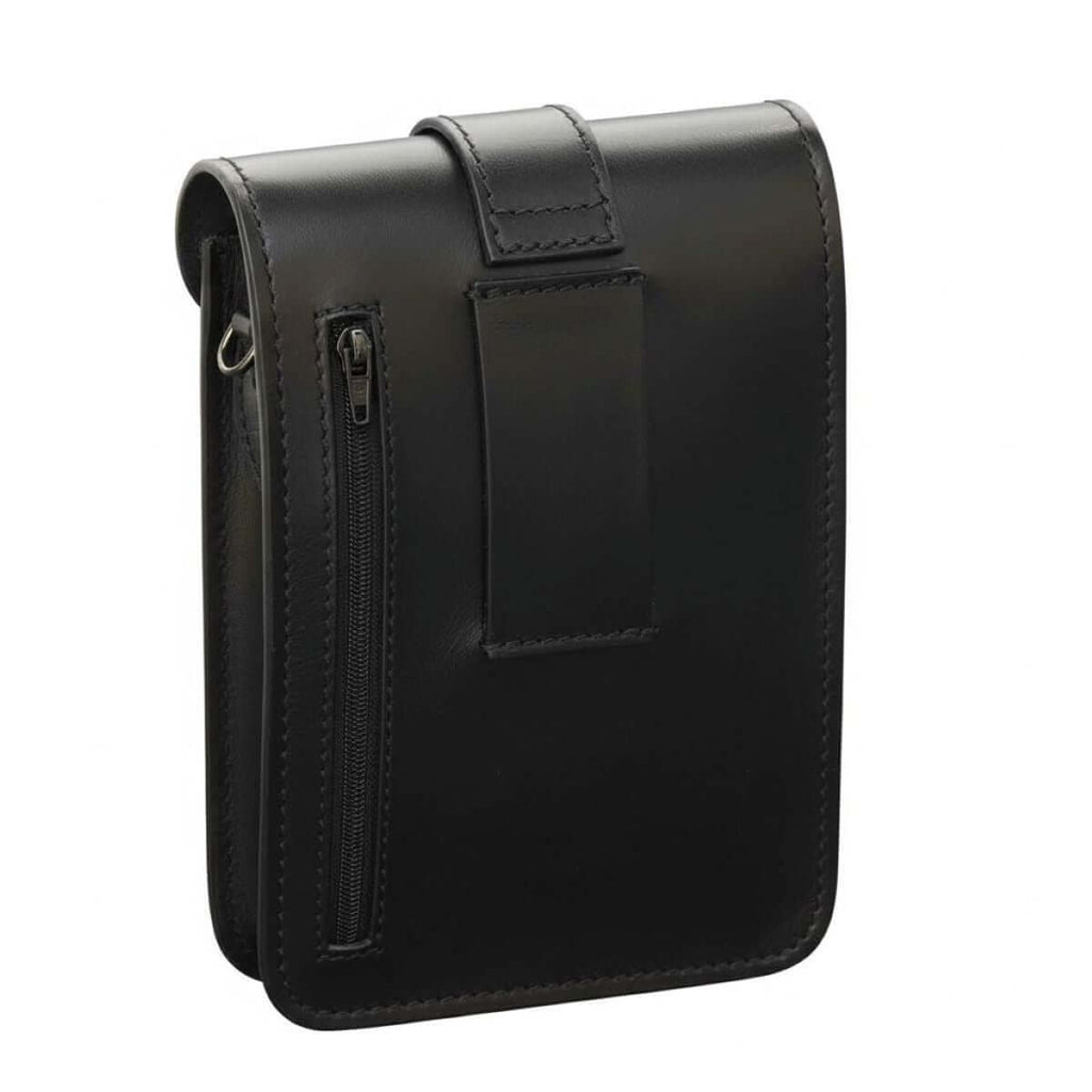 Borsello da cintura in pelle nera con tasca con zip verticale e cuciture decorative