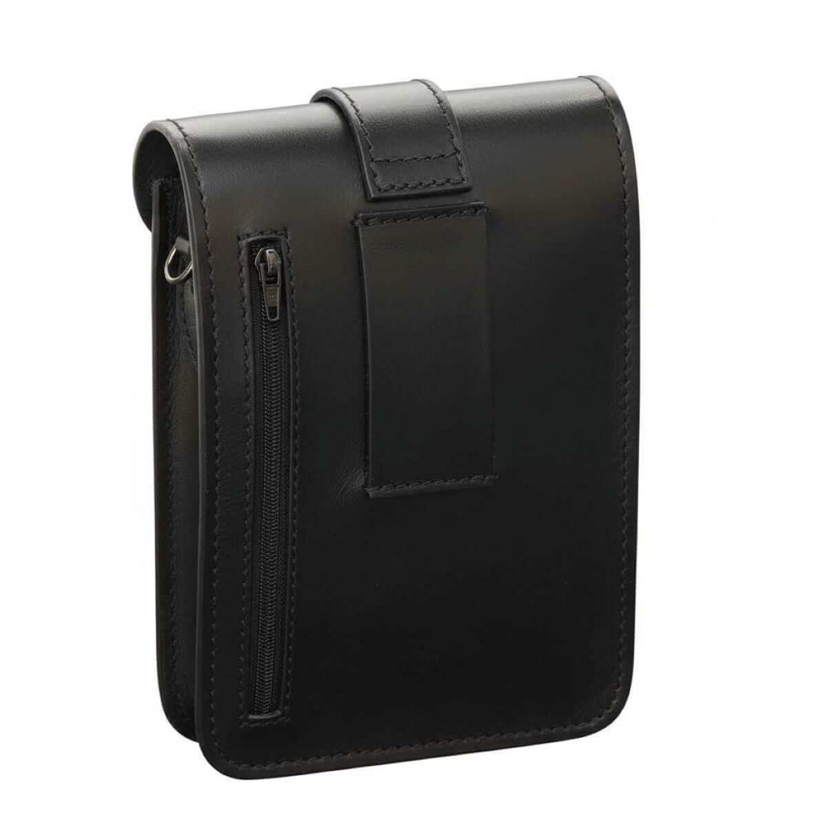 Borsello da cintura in pelle nera con tasca con zip verticale e cuciture decorative