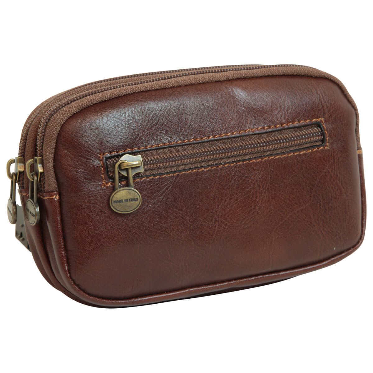 Borsello da cintura in pelle marrone, borsello elegante in vitello, con doppia zip e tasca frontale.