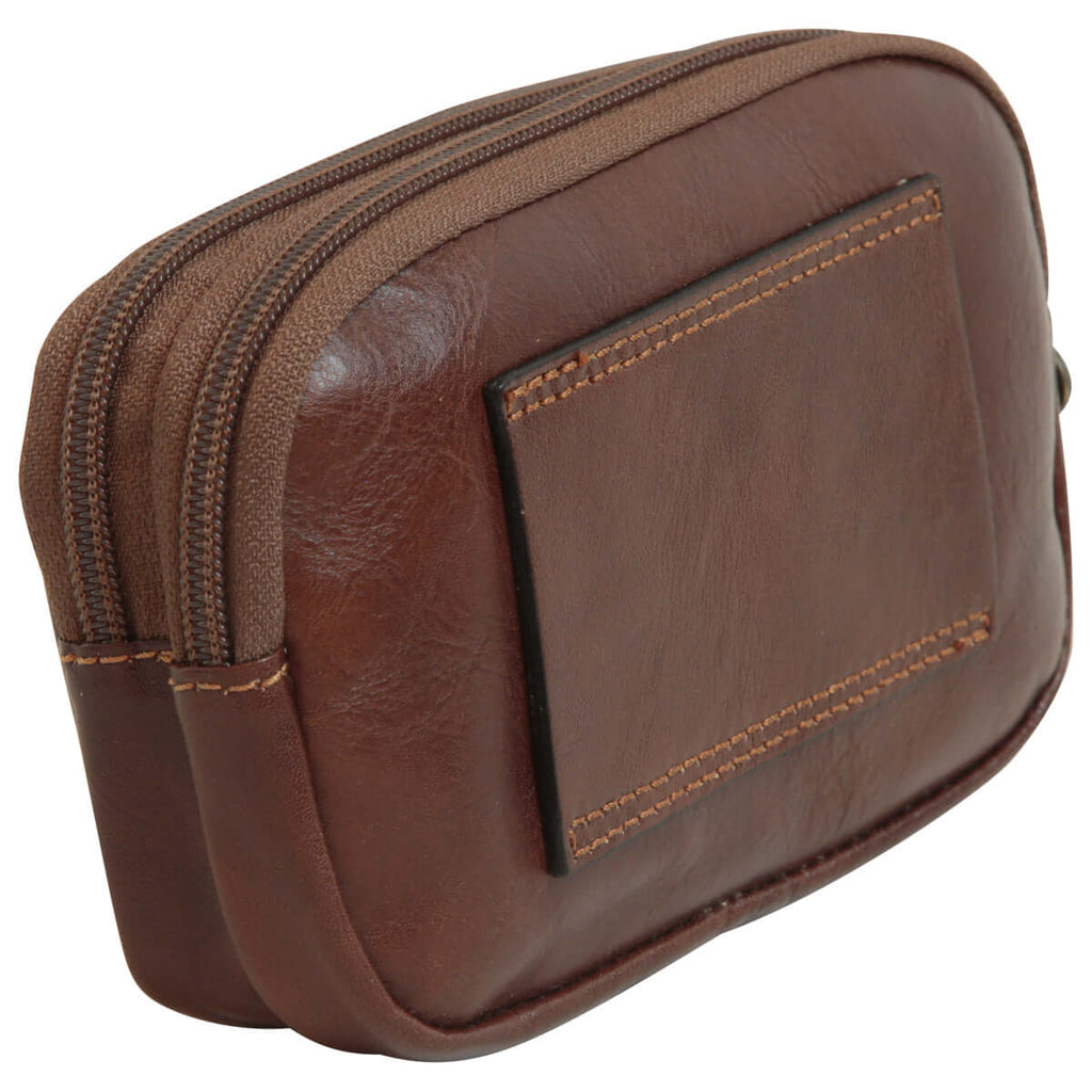 Borsello da cintura in pelle marrone, con doppia zip e tasca frontale, realizzato in pelle di vitello, misure 16x10x4 cm.