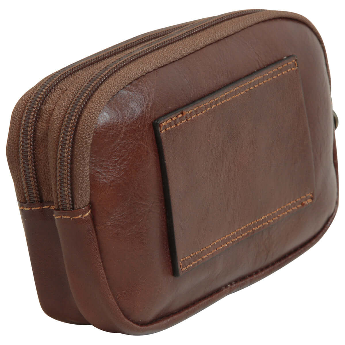 Borsello da cintura in pelle marrone, con doppia zip e tasca frontale, realizzato in pelle di vitello, misure 16x10x4 cm.