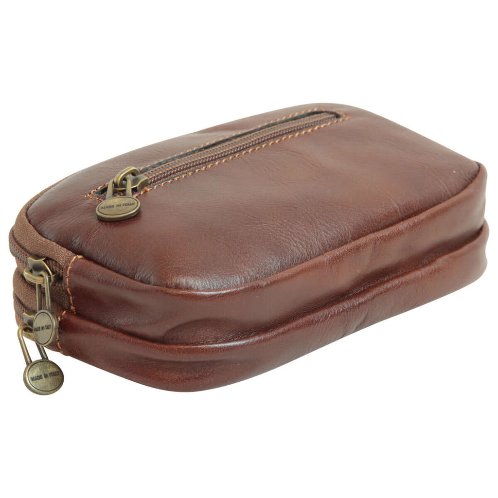 Borsello da cintura in pelle marrone, in pellame di vitello con scomparti e tasca con zip, misure 16x10x4 cm.