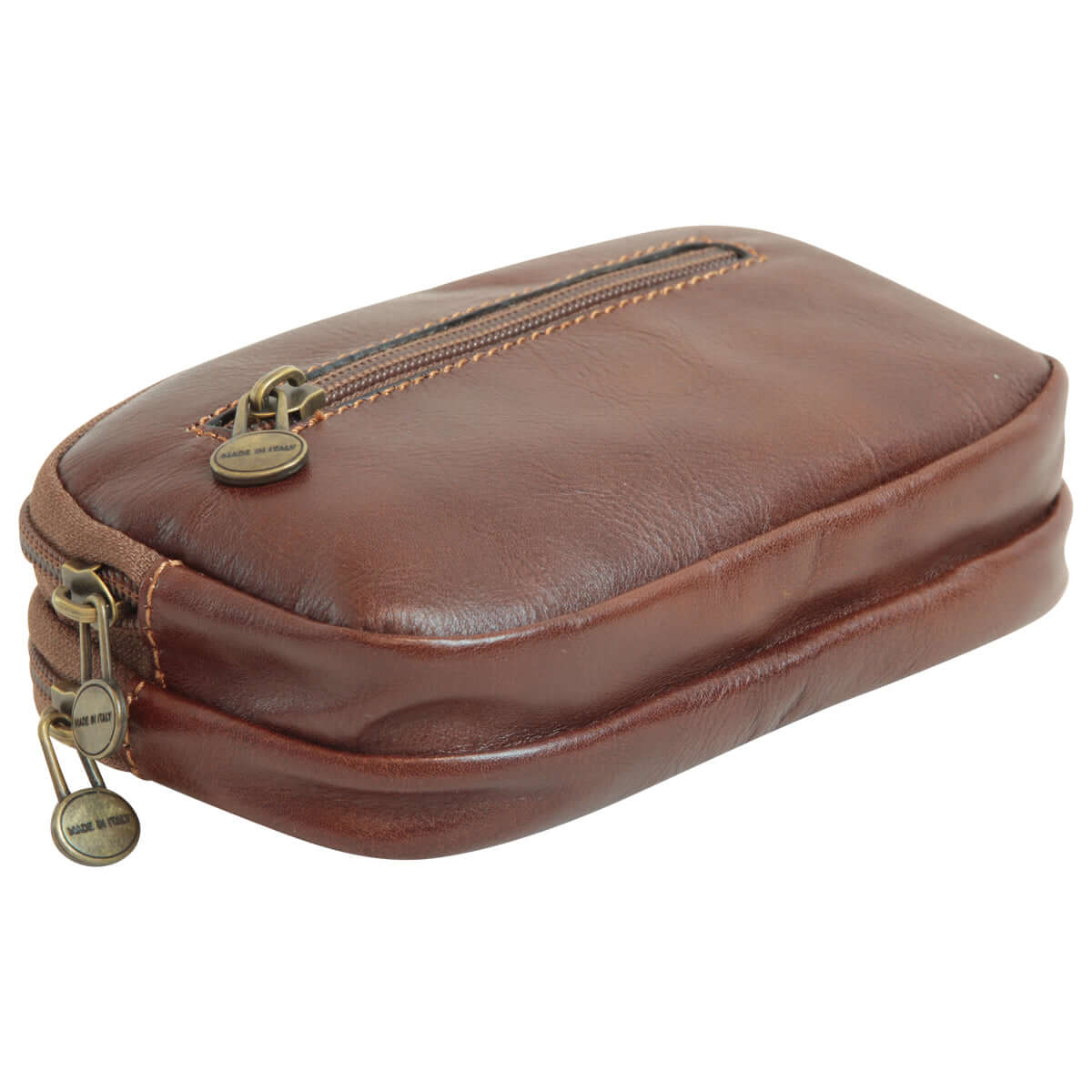 Borsello da cintura in pelle marrone, in pellame di vitello con scomparti e tasca con zip, misure 16x10x4 cm.