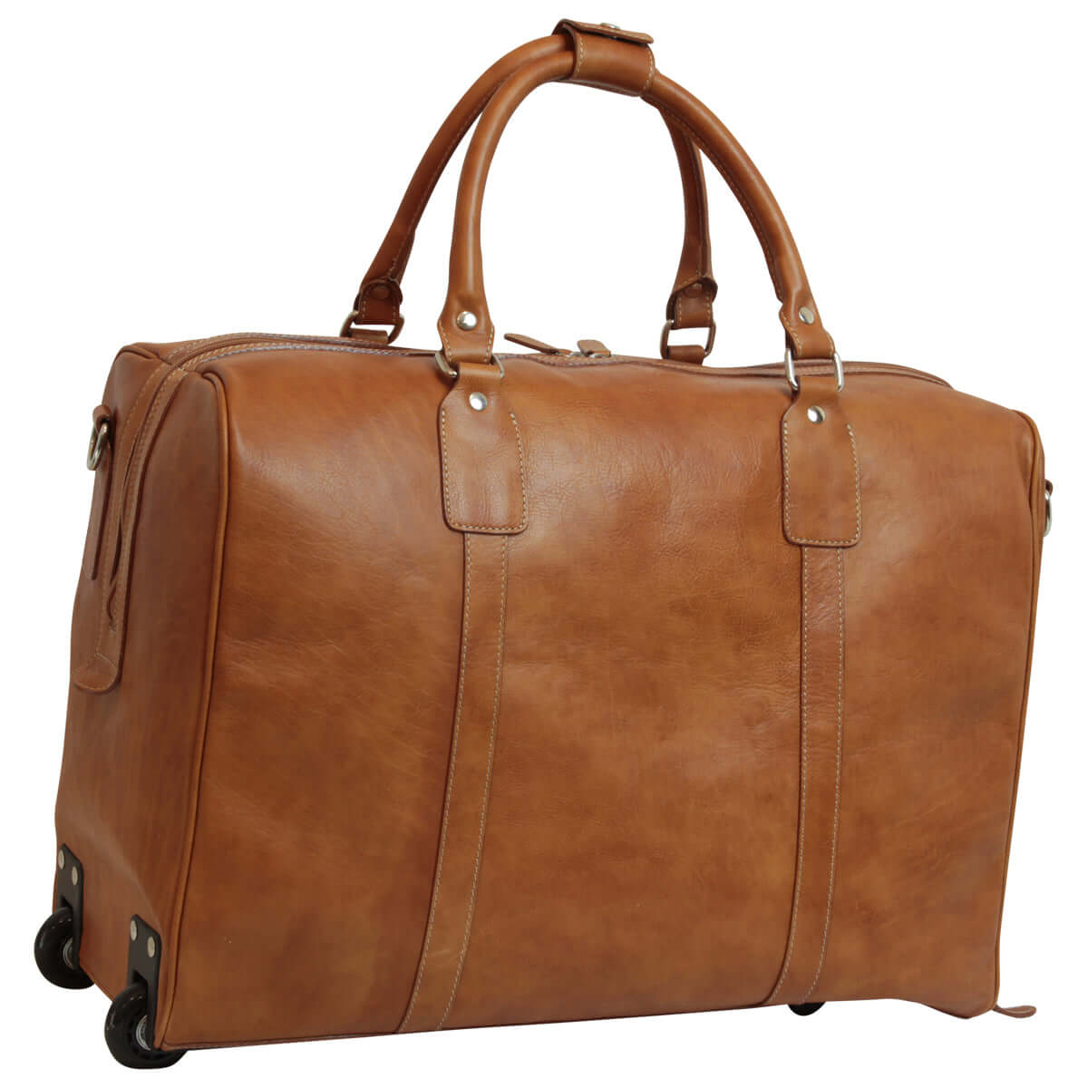 Borsone da viaggio pelle pieno fiore marrone con trolley e manici, scomparto unico e tasca con zip.