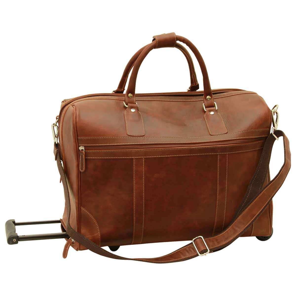 Borsone pelle trolley viaggio in pelle pieno fiore con trolley, scomparto unico e tasche con zip.