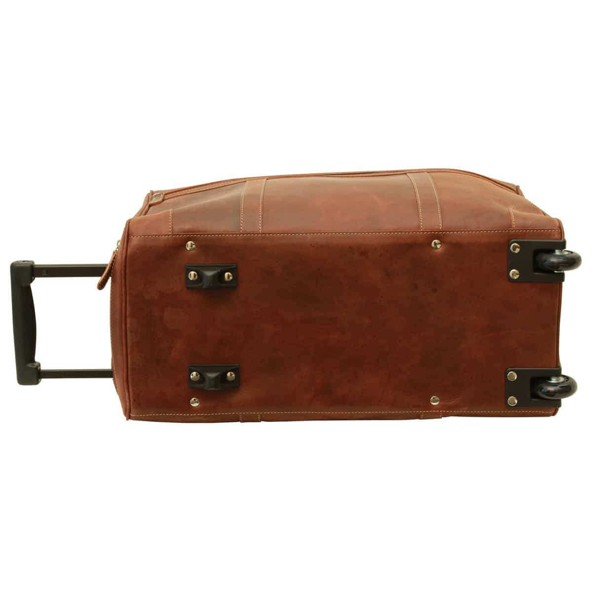 Borsone pelle trolley viaggio, vista inferiore del borsone in pelle pieno fiore con trolley. Design robusto e maniglie.