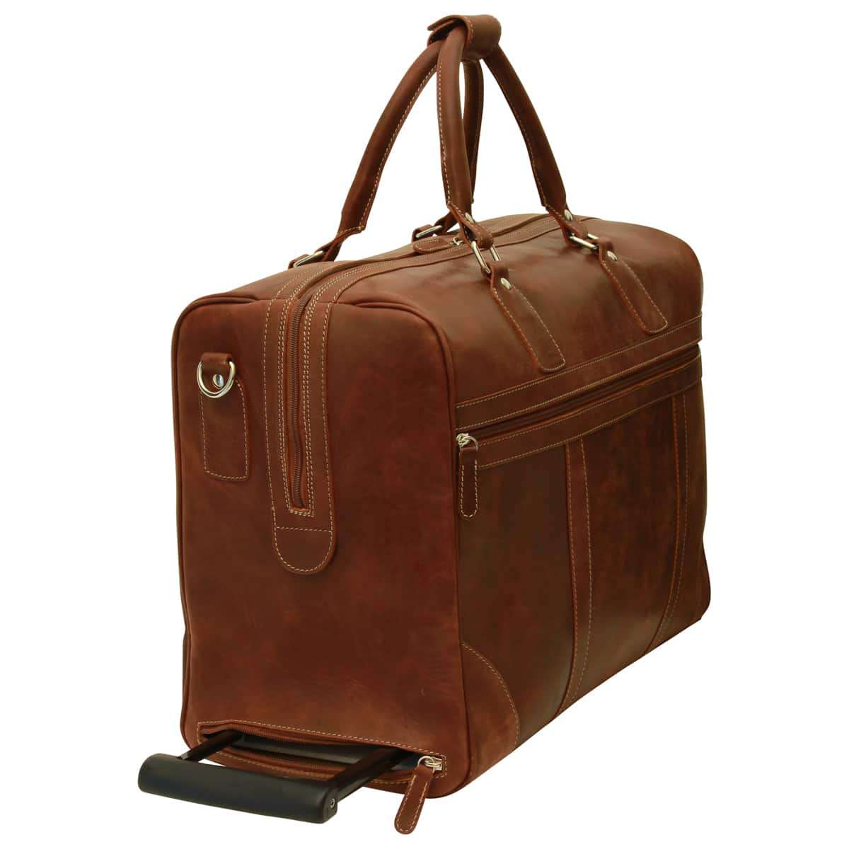 Borsone pelle trolley viaggio in pelle pieno fiore, con trolley e manici, colore castagna.