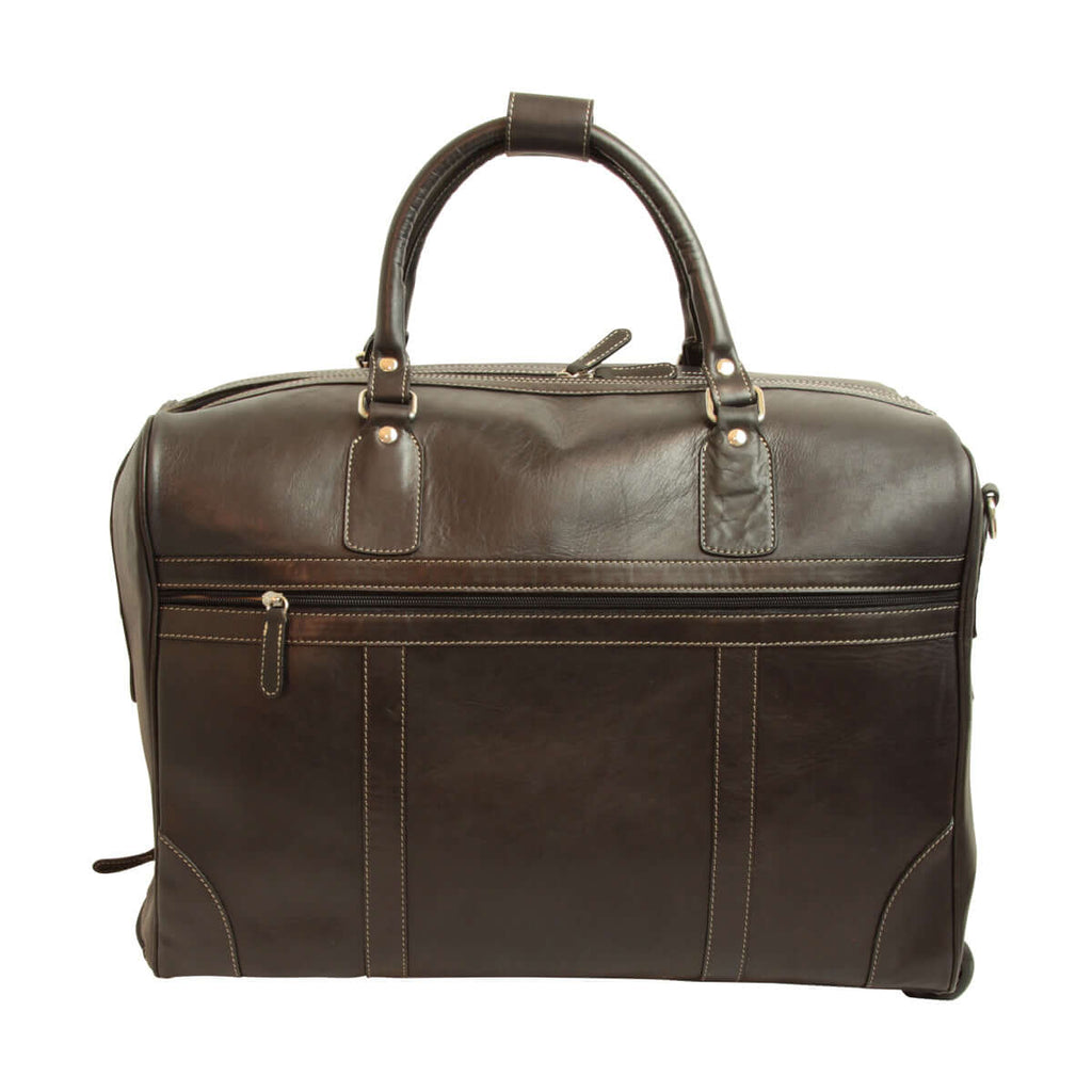 Borsone viaggio pelle trolley marrone in pelle pieno fiore con tasche e manici, scomparto unico.