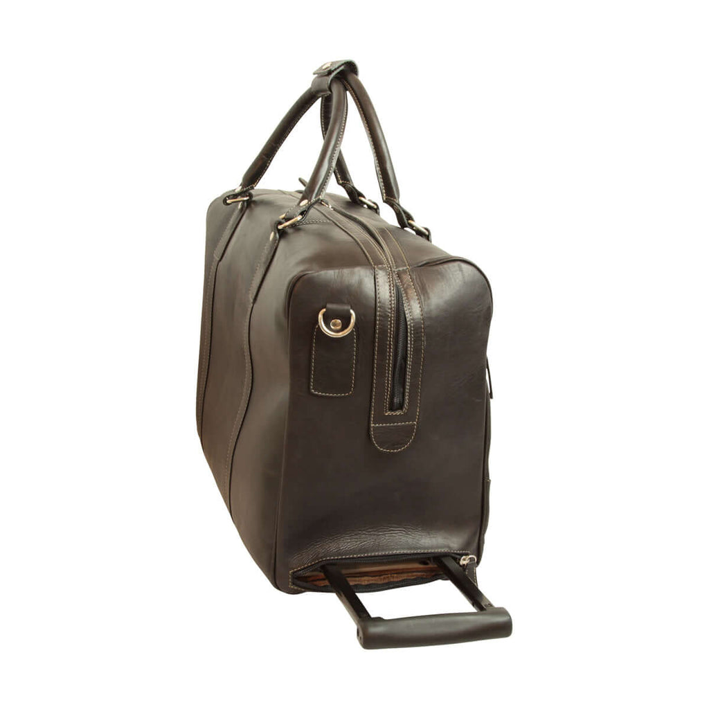 Borsone viaggio pelle trolley marrone in pelle pieno fiore con manici e trolley, colore marrone scuro.