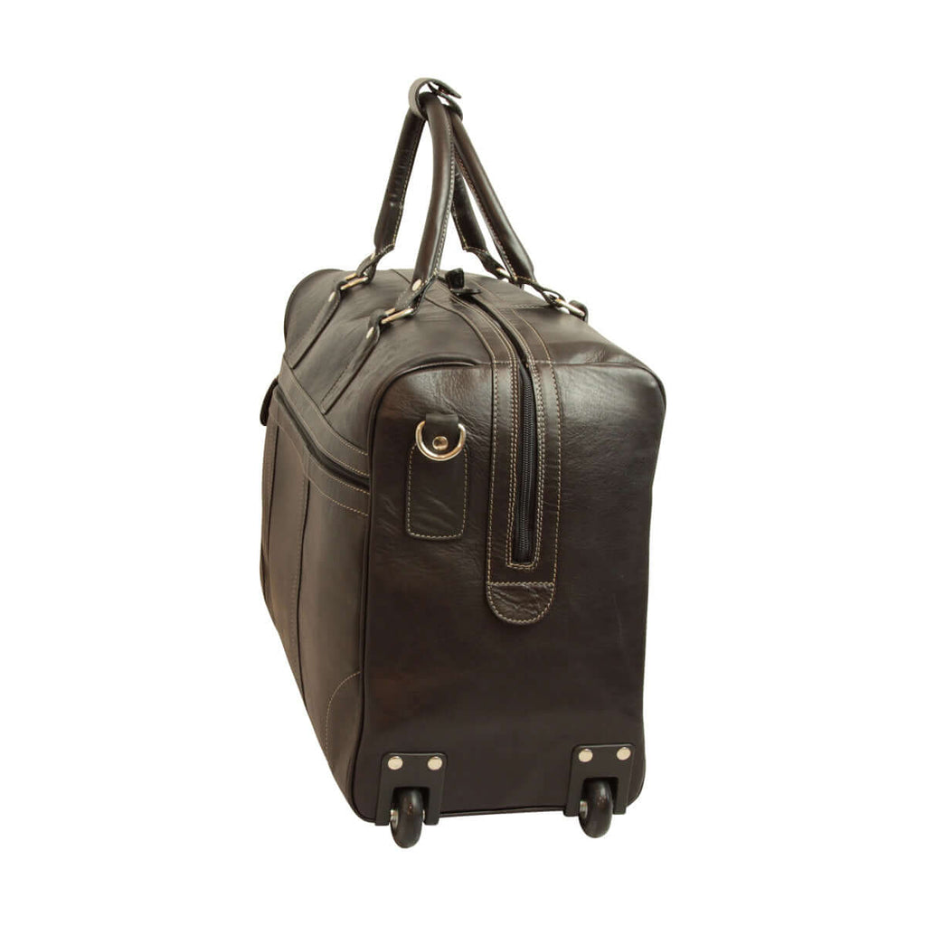 Borsone viaggio pelle trolley marrone con manici e scomparto unico, dimensioni 50x35x22 cm.