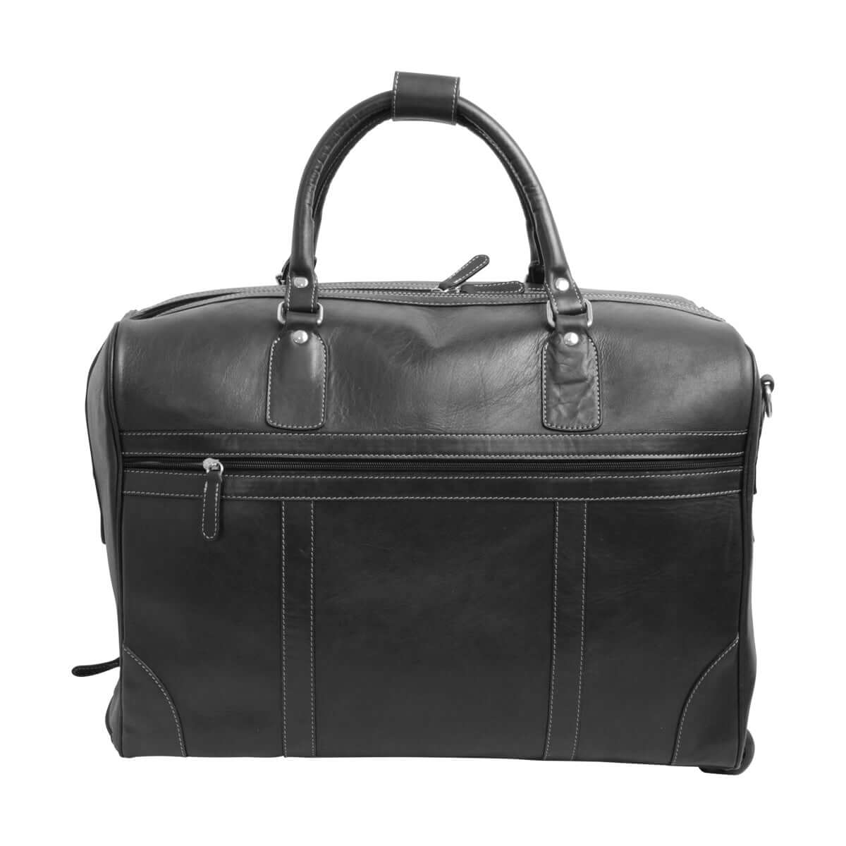 Borsone viaggio pelle trolley in pelle pieno fiore, nero, con manici e tasche, misura 50x35x22 cm.