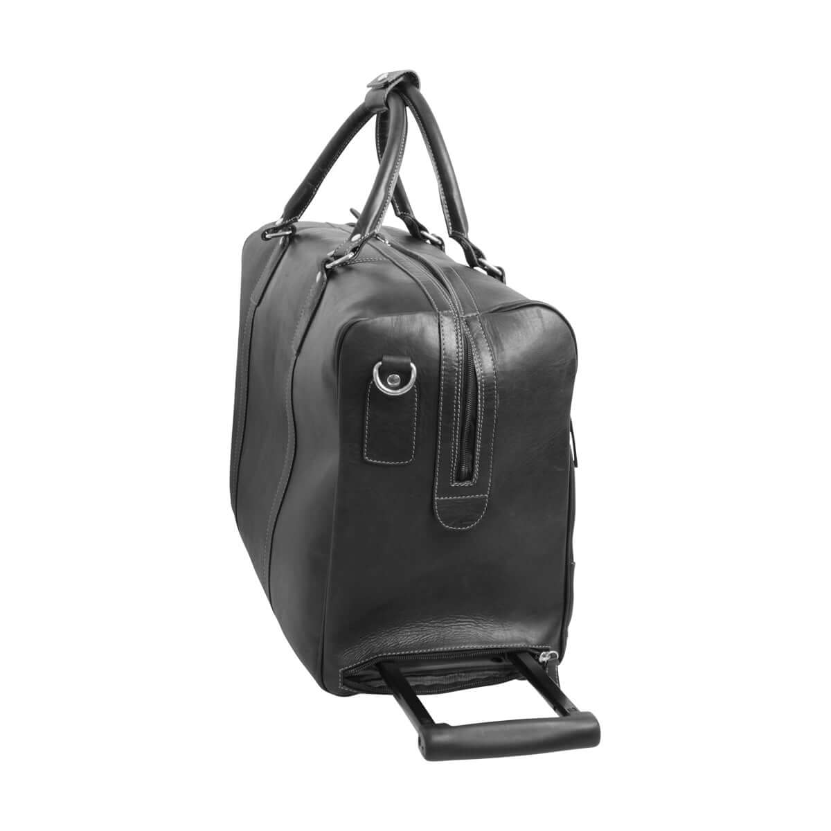 Borsone viaggio pelle trolley in pelle pieno fiore, con ruote e manici, color nero.