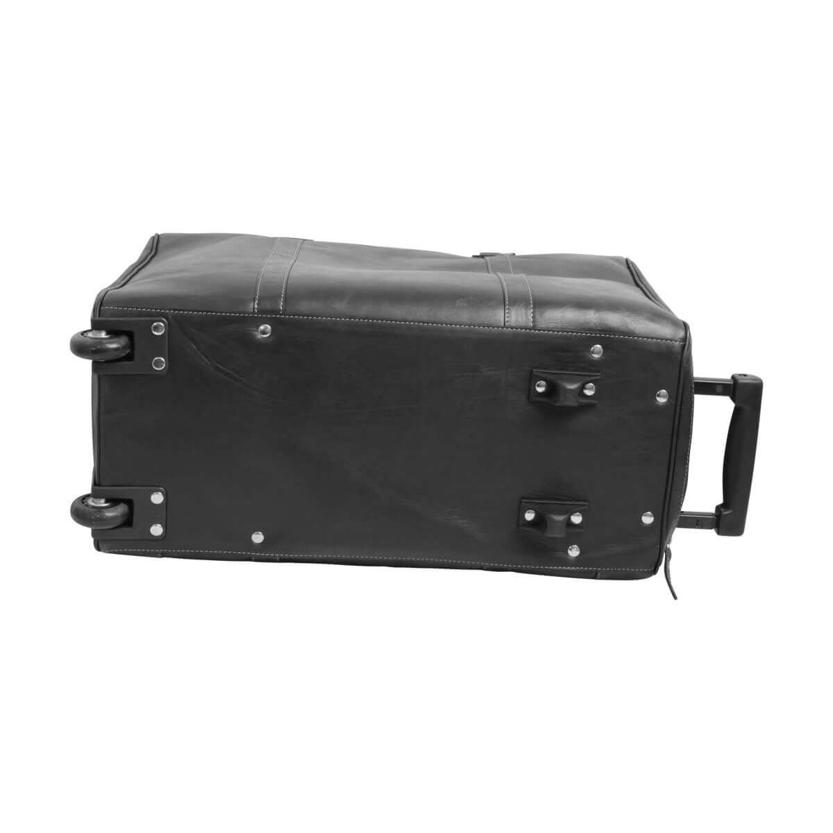 Borsone viaggio pelle trolley nero con ruote e manico, vista laterale, design elegante e funzionale.