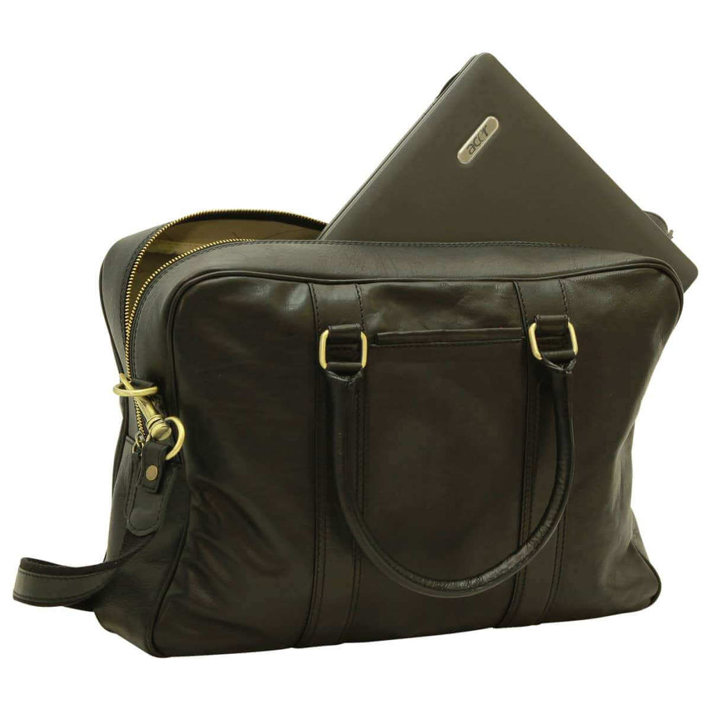 Cartella in pelle verde scuro con zip lunga e tracolla regolabile, chiusure dorate