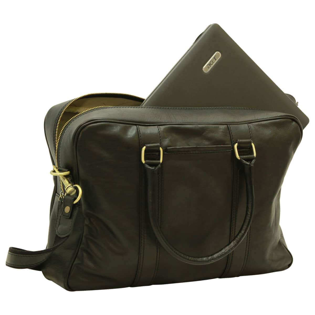Cartella in pelle verde scuro con zip lunga e tracolla regolabile, chiusure dorate