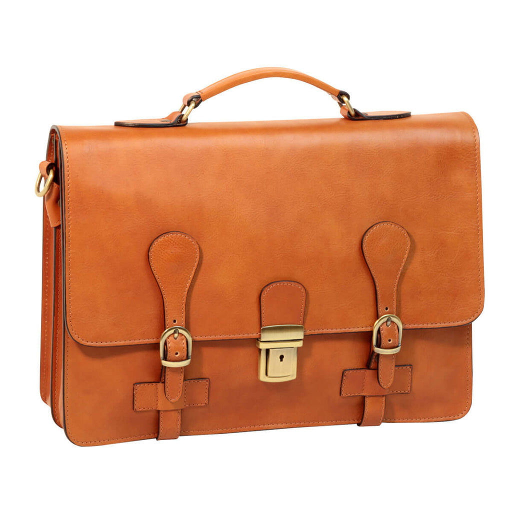 Cartella in pelle marrone con fibbie e tracolla staccabile