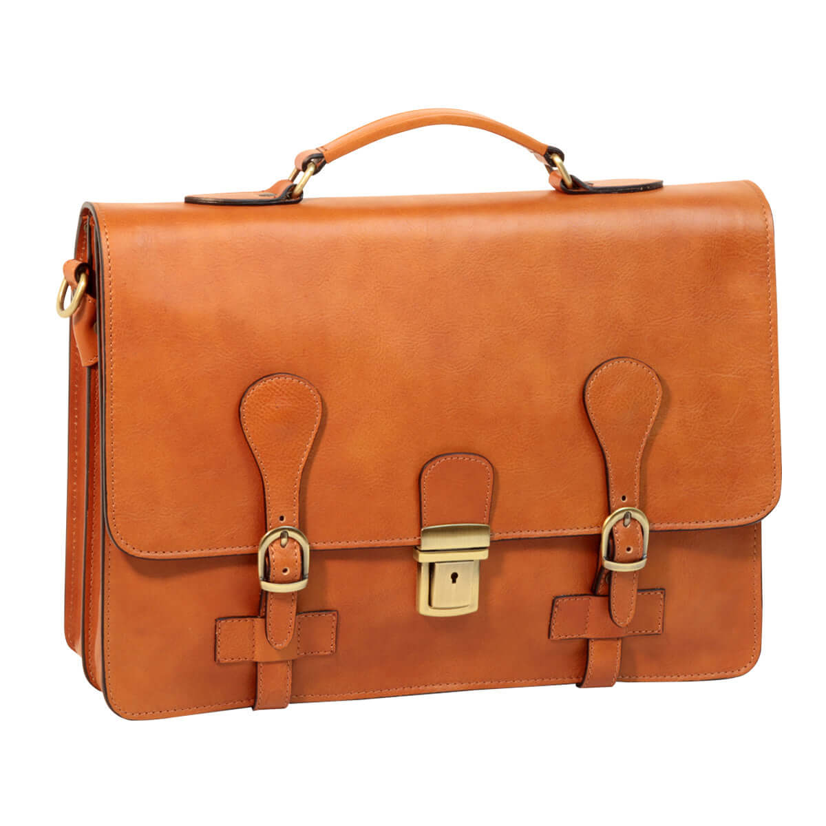 Cartella in pelle marrone con fibbie e tracolla staccabile