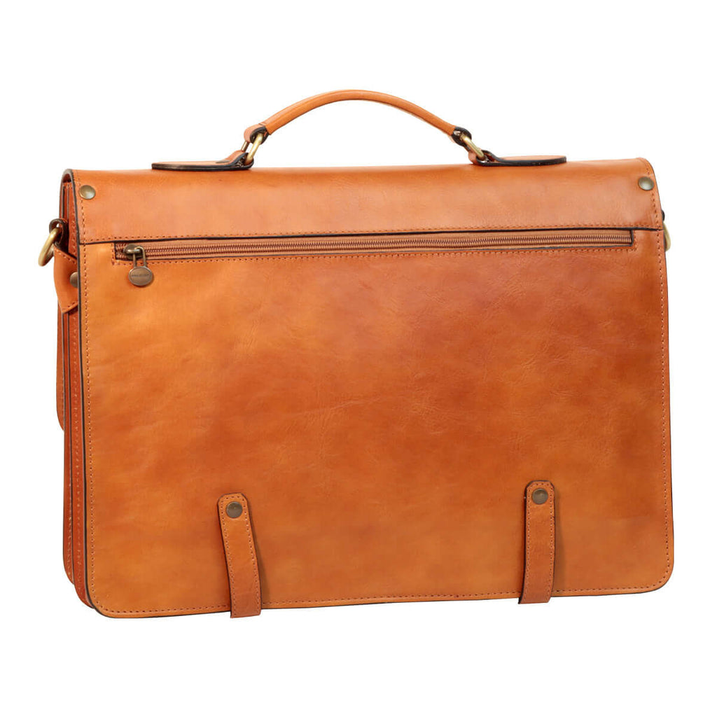 Cartella in pelle marrone con zip centrale e fibbiette decorative
