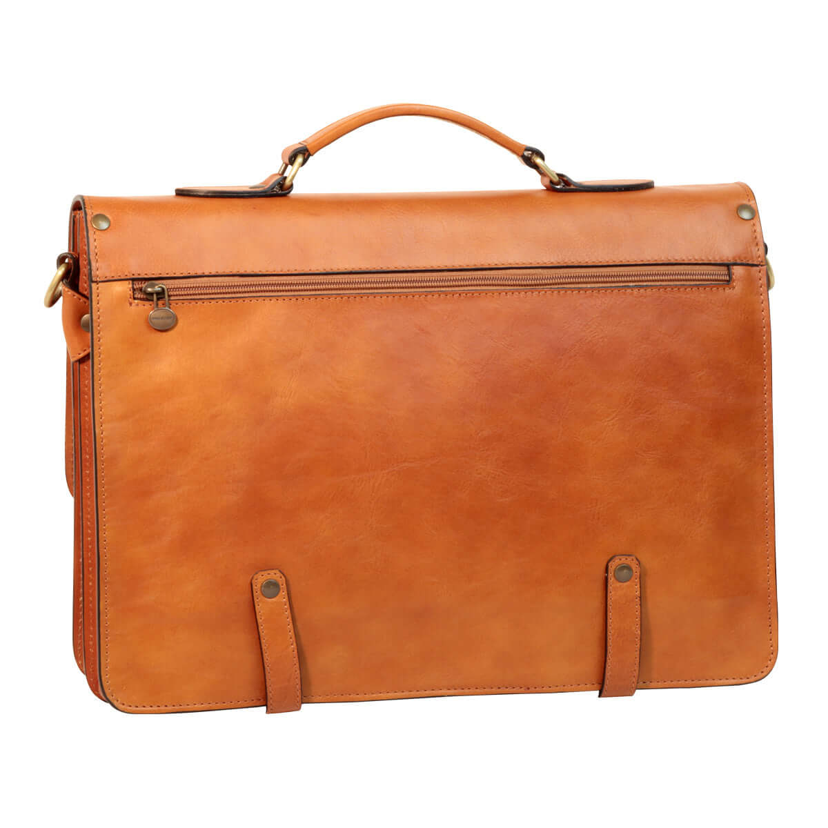 Cartella in pelle marrone con zip centrale e fibbiette decorative
