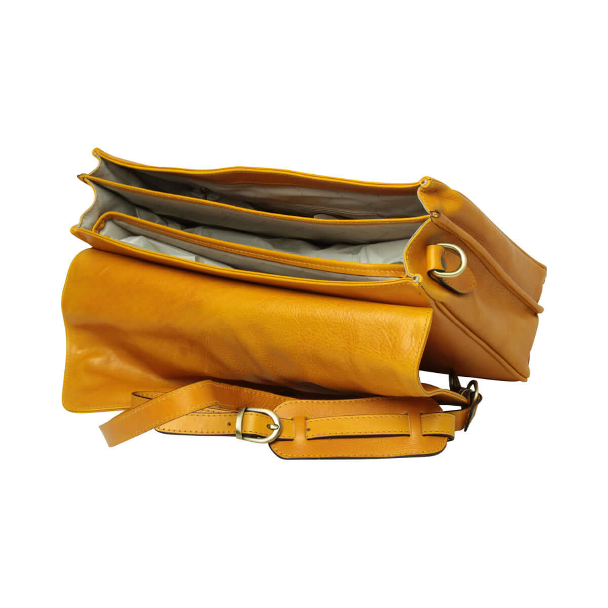 Cartella in pelle giallo ocra con scomparti interni e zip in evidenza