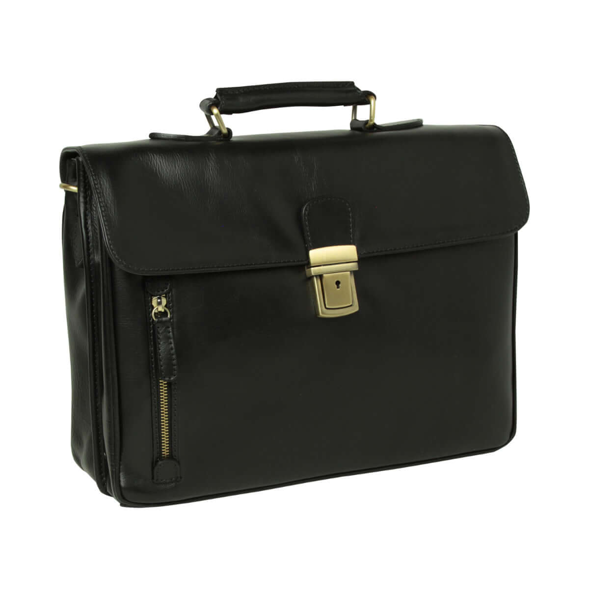 Cartella in pelle scura con fibbia centrale e tasca con zip