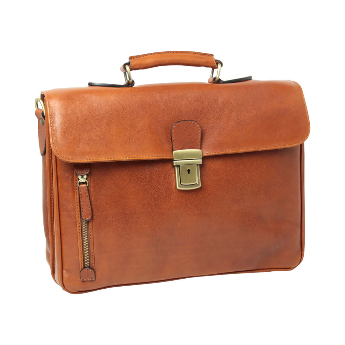 Cartella in pelle color teak con patta, chiusura metallica dorata e tasca laterale con zip