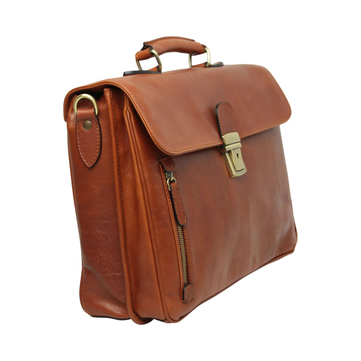 Cartella in pelle color teak con chiusura frontale e manico superiore