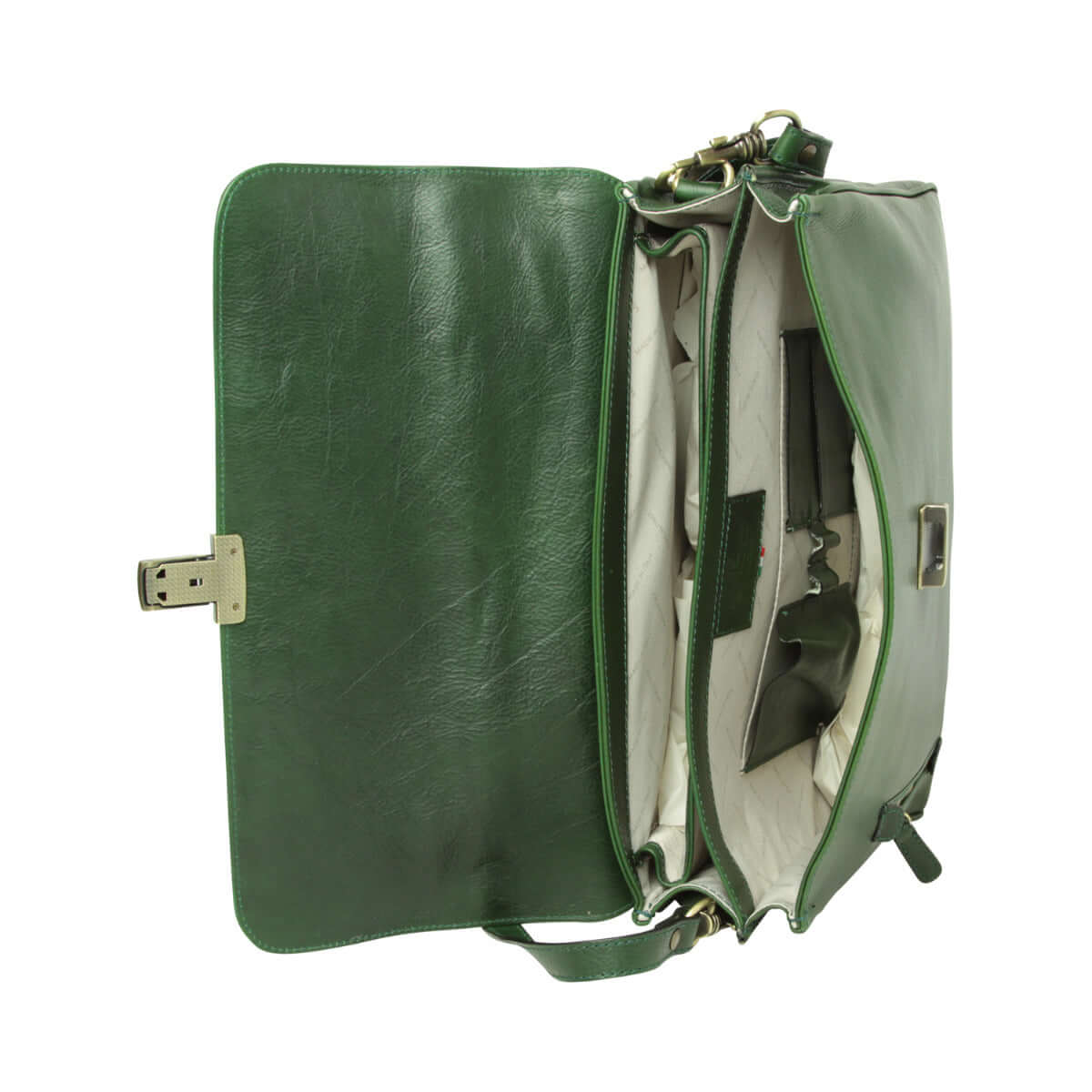 Cartella in pelle verde aperta, interno chiaro e fibbie metalliche sui lati