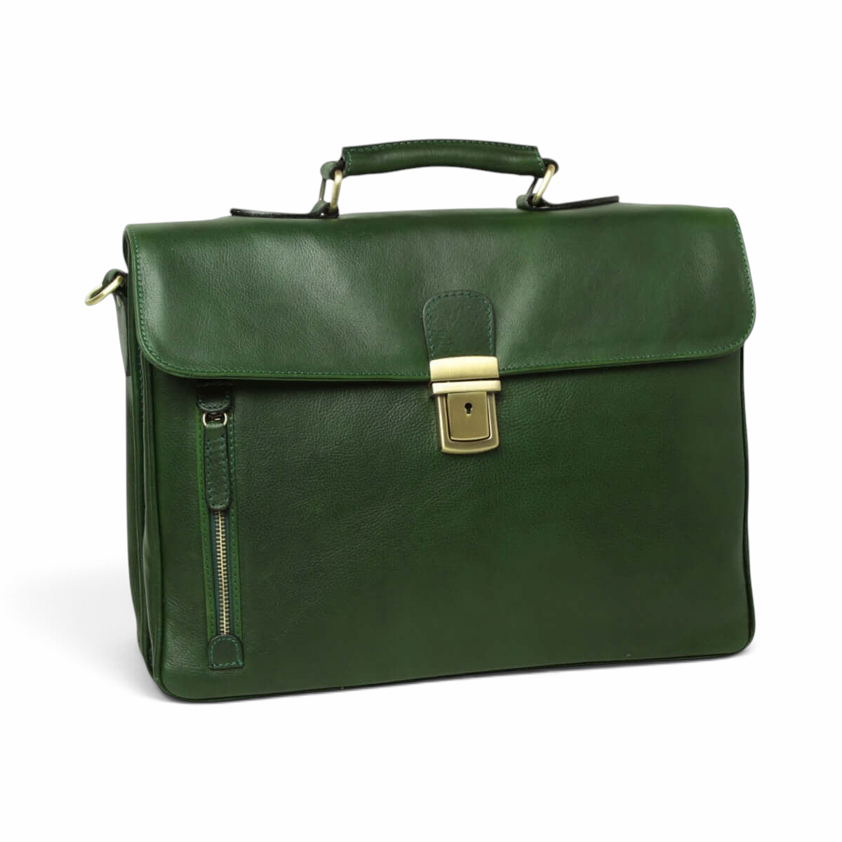 Cartella in pelle verde con patta frontale, chiusura metallica dorata e tasca verticale con zip